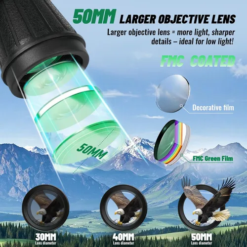 Vista 4 de Prismáticos 10x50 con ajuste de ocular independiente para exteriores Waterproof Compact Binoculars, with Low Light Vision for Bird Watching