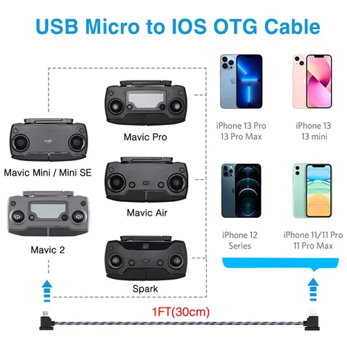 Vista 3 de DJI - Cable de control remoto USB micro a iOS de 1 pie de 90 grados para Mavic Mini, Mini SE, Pro, Spark, Air, datos de teléfono/tableta, accesorios