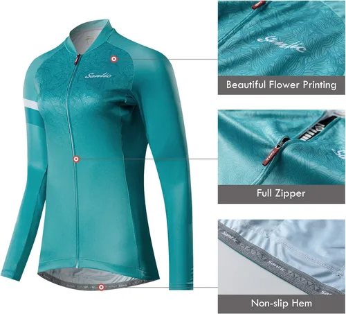 Vista 4 de Santic Camiseta de ciclismo de manga larga para mujer, chaqueta de bicicleta con bolsillos