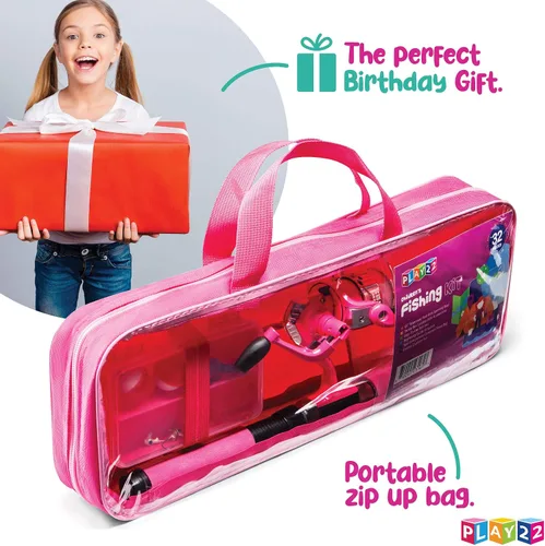 Vista 7 de Play22 Caña de pescar para niños, color rosa, 40 unidades, combos de caña de pescar y carrete, cañas de pesca para niños jóvenes, incluye aparejos