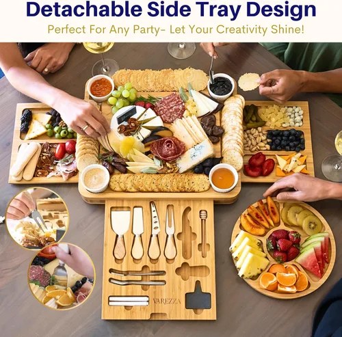 Vista 2 de Juego de tablas de charcutería – Tabla grande de queso de bambú y plato con accesorios de charcutería, regalos de inauguración de la casa