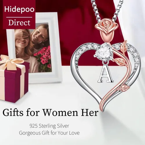 Vista 5 de Hidepoo Collares con inicial de corazón de rosa, regalos para mujer, plata de ley S925, collar con colgante de corazón, joyería para el día