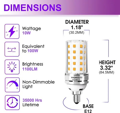 Vista 3 de Bombillas LED de 10 W 1100 lúmenes, luz blanca cálida de 2700 K, equivalente a 100 vatios, base E12, bombilla LED de mazorca no regulable, paquete
