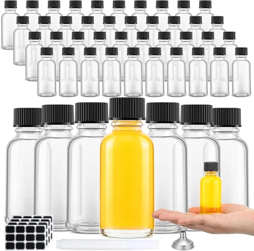 Vista 10 de Hsei Botella de vidrio de 1 oz con tapa negra, botella redonda Boston transparente para muestras, recipientes de vidrio pequeños con tapas y embudo