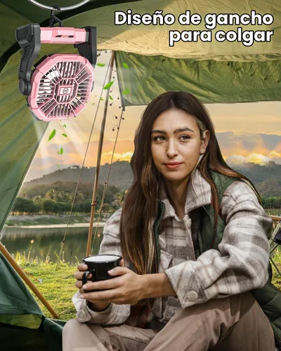 Vista 5 de AEscod Ventilador de camping recargable, ventilador de campamento inalámbrico con linterna LED, gancho para colgar, rotación de 270°, 20000 mAh Rosa