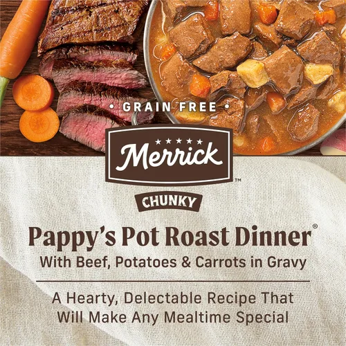 Vista 4 de Merrick - Comida húmeda para perros (12 unidades), Sin frijoles gruesos., Pappy's Pot - Cena para asar