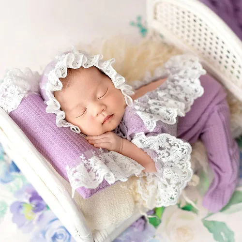 Vista 5 de Zeroest Conjunto de Accesorios para Fotografía de Recién Nacidos, Juego de Vestido de Encaje para Niña, Traje para Sesión de Fotos de Bebé Niña