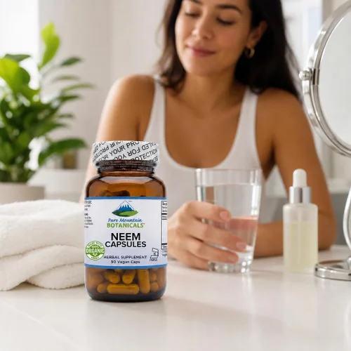 Vista 6 de Pure Mountain Botanicals Neem Cápsulas – Hoja de Neem orgánica de 500 mg – 90 cápsulas Kosher veganas – Suplemento para la piel y el bienestar