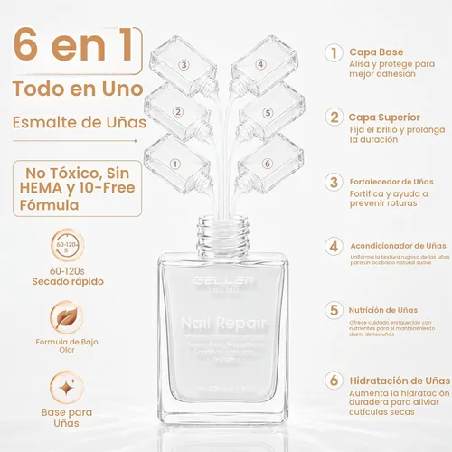 Vista 4 de Gellen Esmalte de reparación de uñas 6 en 1, fortalecedor teñido blanco Blanco lechoso
