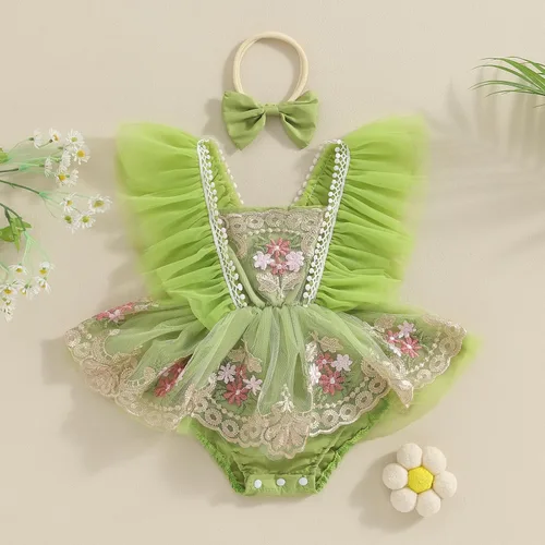 Vista 9 de Ursobutegl Mameluco de princesa para bebé recién nacida, vestido de malla bordado, elegante, tutú con falda, overol para cumpleaños
