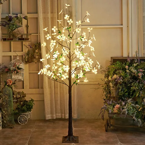 Vista 2 de Lightshare Árbol de Flores de Cornejo Iluminado de 6 Pies, Planta Artificial de 120L con Bayas, Luces Blancas Cálidas para Primavera, Decoración