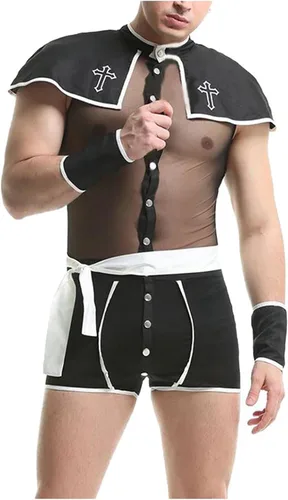 Vista 5 de Nzwiluns Conjunto de lencería sexy para hombre, disfraz de vaquero para cosplay, traje de lencería transparente para juegos sexuales y traviesos