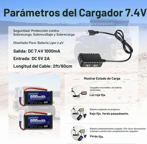 Vista 5 de SCX24 Batería 7.4V Lipos 2S 30C (Ráfaga 60C) 900mAh Batería de Litio Recargable con Enchufe PH2.0 Compatible con la mayoría de coches RC, camiones