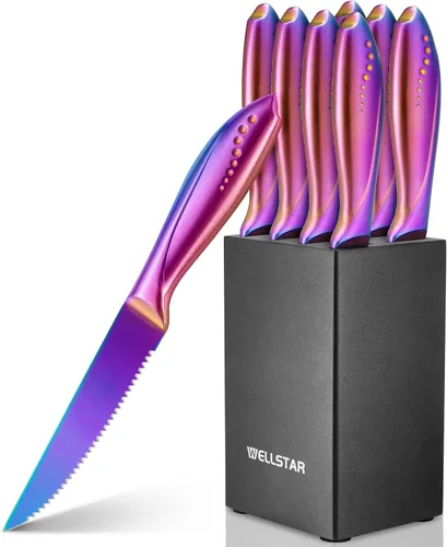 Vista 12 de WELLSTAR Juego de cuchillos arcoíris de 8 piezas, juego de cuchillos de cocina de acero inoxidable alemán iridescente con bloque de madera Juego