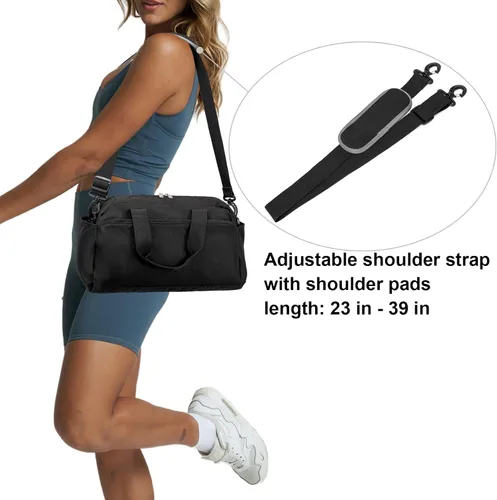 Vista 6 de Bolsa de gimnasio pequeña de 14 pulgadas para mujeres y hombres, mini bolsa de lona para viajes, deportes, bolsa de transporte ligera, color negro