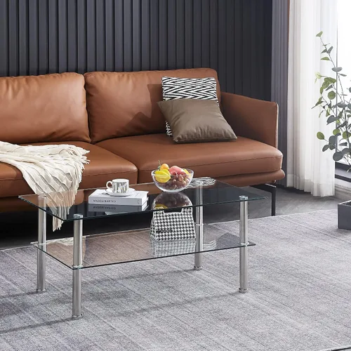 Vista 4 de Mesa de centro de cristal con patas de vidrio moderna pequeña mesa de centro para sala de estar (GC)