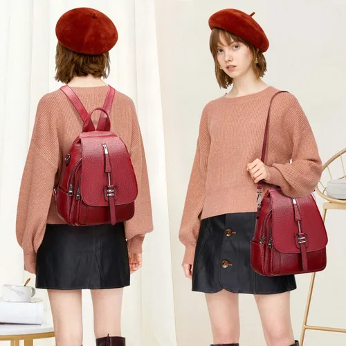 Vista 3 de ALTOSY Mochila de cuero genuino para mujer, bolso de hombro convertible con solapa de hebilla