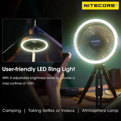 Vista 5 de Nitecore NEF10 Ventilador Eléctrico Portátil Multifuncional con Anillo de Luz LED, Trípode de Cabeza Flexible con Bola, Motor Sin Escobillas Gris