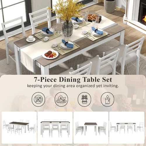 Vista 8 de Juego de mesa de comedor de madera de 7 piezas, mesa extensible multifuncional con hojas de 12 pulgadas y 2 cajones, 6 sillas de comedor con cojín