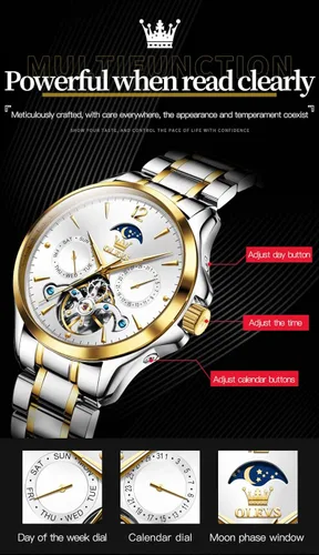 Vista 6 de OLEVS Watches Mens Automatic Self Winding Mechanical Gold Skeleton Fashion Luxury Dress Moon Phase Stainless Steel Tourbillon Mens Wrist Watch Day