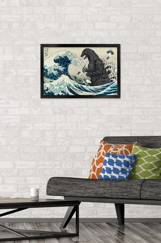 Vista 2 de Trends International Godzilla - Póster de pared Great Wave (22.4 pulgadas de largo x 14.7 pulgadas, versión enmarcada en negro)