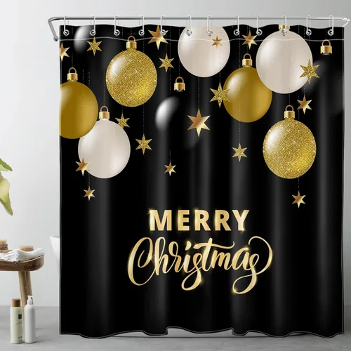 Vista 8 de LB Cortina de ducha de Feliz Navidad, bola de Navidad blanca y dorada sobre cortina de ducha negra para baño, 60 x 72 pulgadas, tela de poliéster