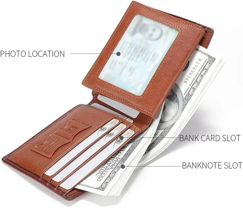 Vista 35 de Billetera de piel triple con bloqueo RFID para hombre con 2 ventanas de identificación, 2 compartimentos para efectivo, 6-8 ranuras para tarjetas