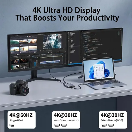 Vista 5 de Adaptador USB C a HDTV dual, adaptador multipuerto USB C de 4K a 60 Hz con 2 HDMI, USB 3.0, 100 W PD, macOS solo permite modo espejo, Windows