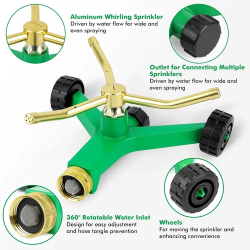 Vista 3 de RESTMO Aspersor de Metal de 3 Brazos con Base con Rueda, Sistema de Aspersor Rotatorio Automático de 360 Grados para Césped, Planta de Jardín