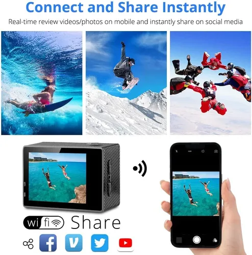 Vista 6 de Dragon Touch Action Camera Vision 3 4K 20MP Cámara impermeable subacuática con control remoto 170° gran angular WiFi Cámara deportiva con kit