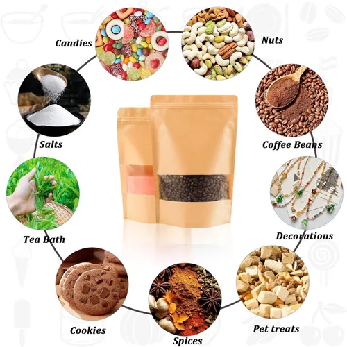 Vista 5 de 100 bolsas resellables para almacenamiento de alimentos, bolsas de papel de estraza reutilizables para dulces, galletas, bolsas de papel kraft