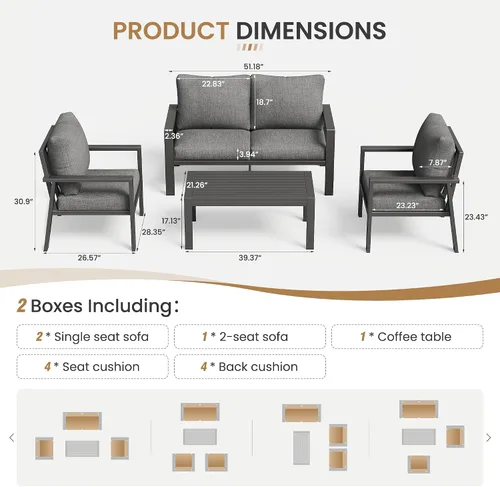 Vista 6 de Juego de muebles de aluminio para exteriores para todo tipo de clima, sofá seccional con mesa auxiliar y cojines con fundas extraíbles para terraza