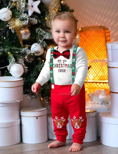 Vista 3 de KANGKANG My First Christmas Baby Boy - Conjunto de 2 piezas para bebé de Navidad pantalones de reno
