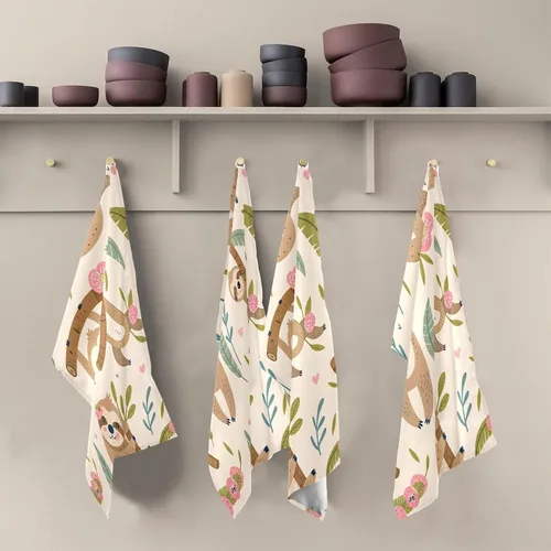 Vista 5 de Kigai Juego de 4 toallas de cocina, diseño de perezoso lindo altamente absorbente, paños de limpieza reutilizables, paños de cocina, toallas de mano