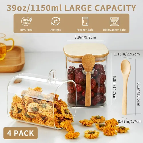 Vista 2 de Unbreakable - Frascos de vidrio con tapa hermética de bambú y cuchara, 4 piezas de 39 oz, recipientes para avena nocturna, botes de cocina