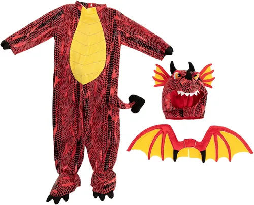 Vista 6 de Disfraz de dragón rojo para niños para Halloween o truco de dinosaurios juego de simulación