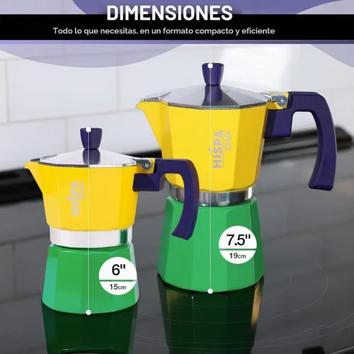Vista 6 de Cafetera de café expreso para estufa, 3 tazas de café expreso (6 onzas), aluminio, plata, verde, azul y amarillo, con temática brasileña, cafetería
