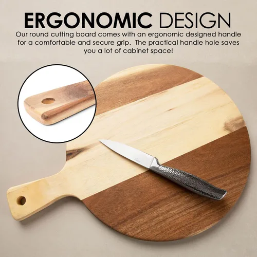 Vista 7 de Tabla de cortar de acacia prémium con asa, tabla de cortar de madera para cocina (12 x 16 pulgadas), tablas de cortar redondas de acacia para carne
