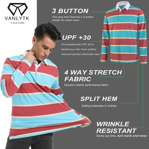 Vista 4 de VANLYTK Polo para hombre de manga larga que absorbe la humedad, cuello a rayas, para golf y rugby