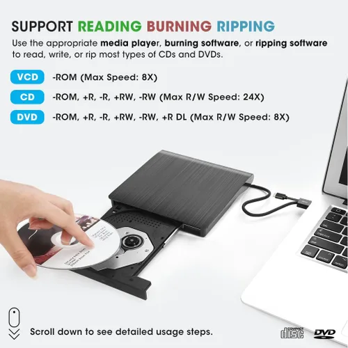 Vista 4 de ROOFULL Unidad externa de CD DVD para PC portátil Windows 11/10/7, USB 3.0 y USB-C CD DVD ROM lector escritor +/-RW disco quemador reproductor