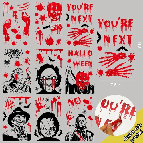 Vista 6 de Calcomanías para ventana de Halloween, calcomanías de personajes de película de terror, calcomanías grandes reutilizables para ventana, decoración