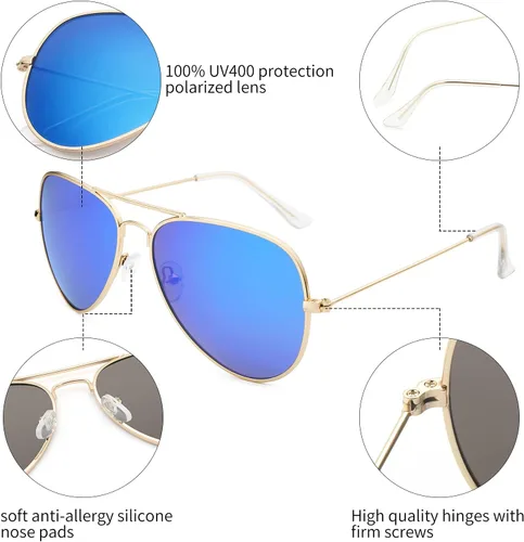 Vista 3 de livho Gafas de sol para hombres y mujeres, estilo aviador, polarizadas, de metal, espejo, protección UV 400, lentes (dorado púrpuraazul), Oro