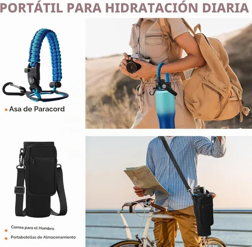Vista 5 de Botella de agua aislada de 32 onzas con pajilla, mantiene el frío 48 horas o el calor 24 horas, termo de acero inoxidable al vacío con mango de Azul