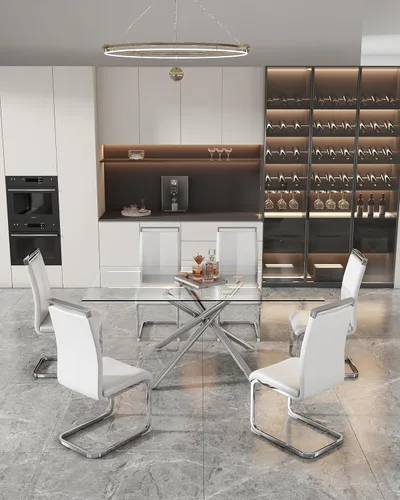 Vista 9 de Juego de 2 sillas de comedor, sillas de cocina, sillas sin brazos, sillas laterales de cuero y patas de metal con respaldo alto