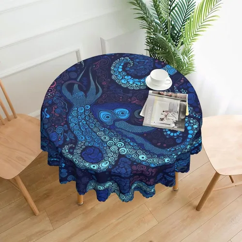 Vista 3 de Manteles redondos con estampado de pulpo azul de 60 pulgadas, impermeables, lavables, decoración de cocina, para mesa de comedor, cocina, mesa