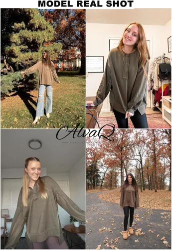 Vista 35 de AlvaQ - Sudadera de gran tamaño para mujer, informal, de manga larga, con botones y cuello Henley, tipo túnica
