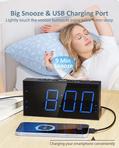 Vista 5 de Reloj despertador súper fuerte con agitador de cama, reloj despertador vibratorio para personas que duermen con problemas auditivos y adolescentes