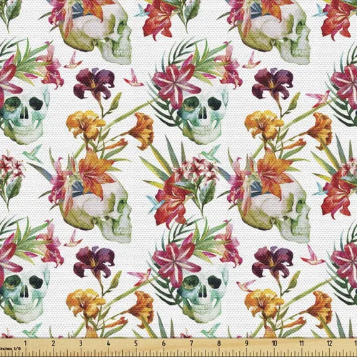 Vista 86 de Ambesonne The Yard, tela de calavera colorida con temática de Halloween, diseño de calavera y huesos cruzados, divertido estampado de dibujos