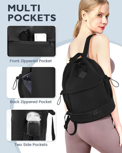 Vista 3 de Mochila deportiva con cordón, bolsa de gimnasio con compartimento para zapatos y bolsillo húmedo, bolsa de natación para mujeres y hombres, mochila