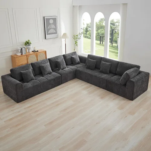 Vista 40 de Sofás seccionales modulares de 110 pulgadas para sala de estar, sofá seccional comprimido sin hueso, sofá de espuma viscoelástica tapizado de 3 Beige